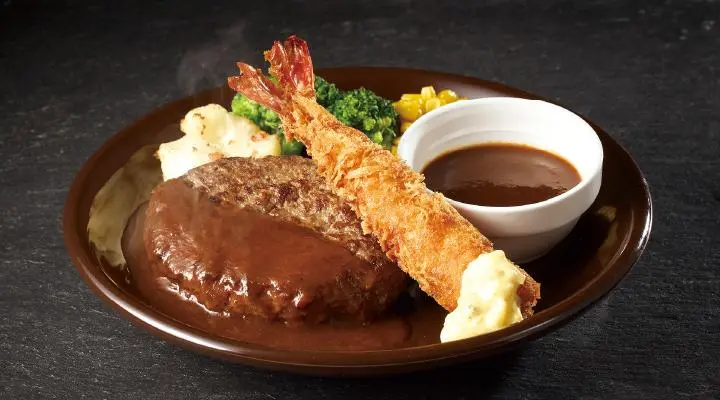 アンガスビーフ100%ステーキハンバーグデミグラスソース&海老フライ