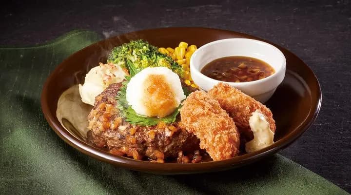 アンガスビーフ100%ステーキハンバーグ和風ビネガーソース&カキフライ