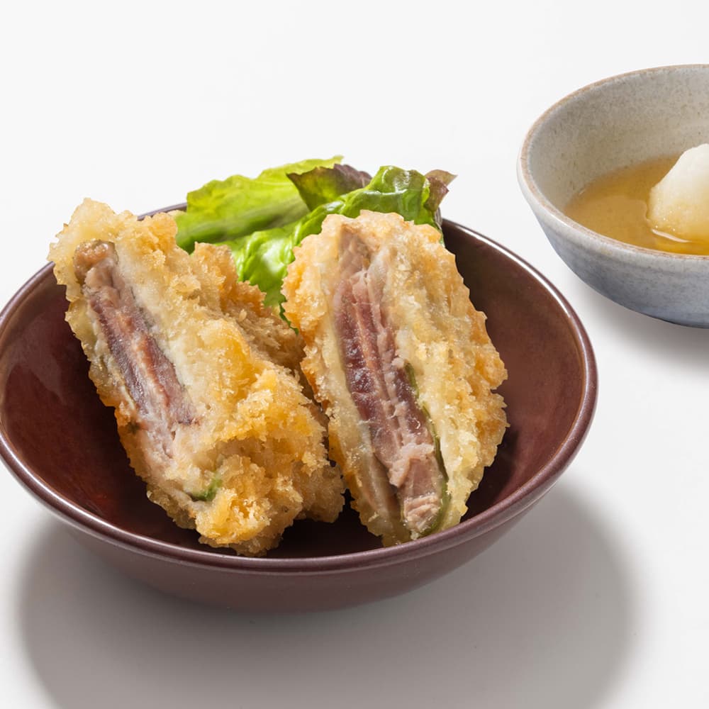 Deep-fried Bonito Sandwiched with Plum and Shiso