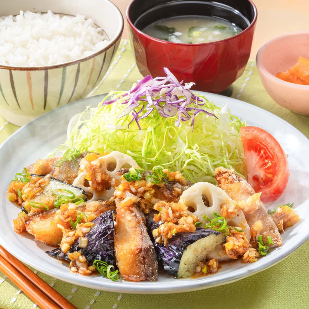 Deep-fried Atka Mackerel Tatsuta-age with Savory Green Onion Moromi Soy Sauce