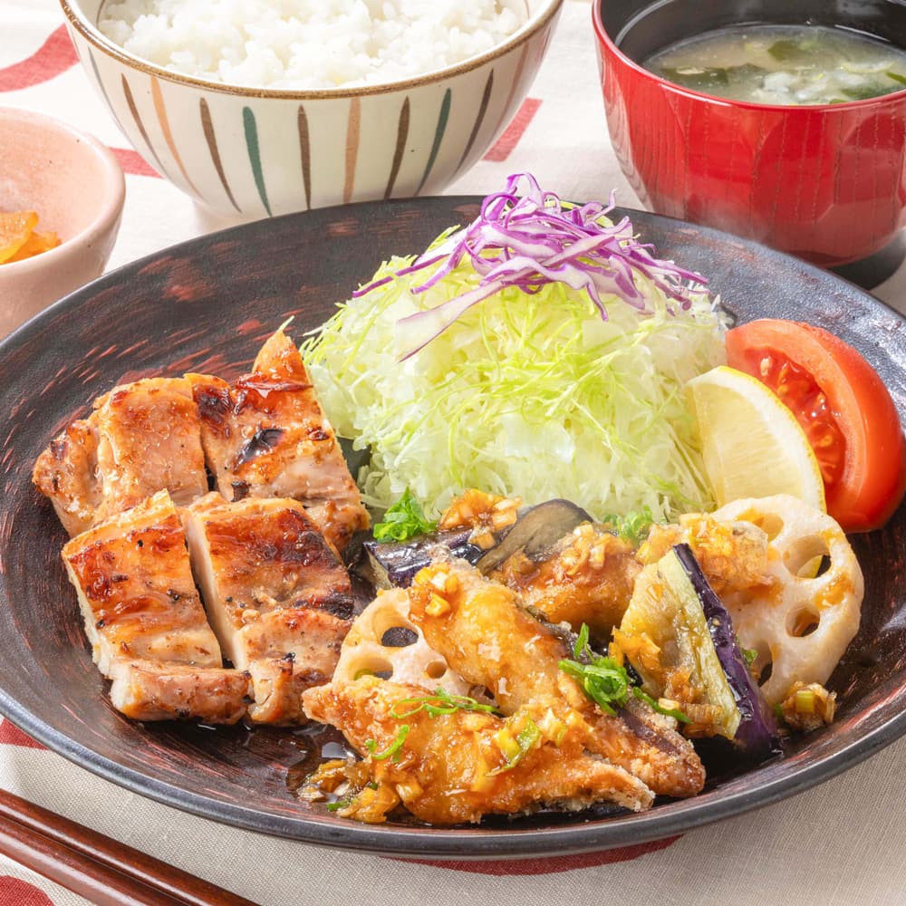 Charcoal-Grilled Moromi Chicken and Deep-Fried Atka Mackerel with Savory Green Onion Moromi Soy Sauce