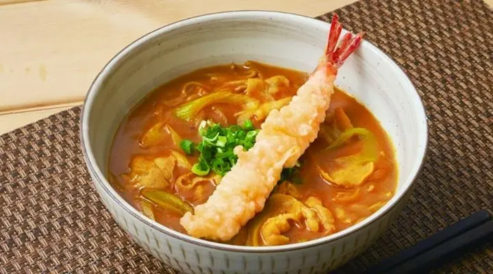 夢庵特製豚カレーそば上海老天付き
