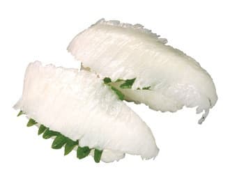 Nigiri de aleta de lenguado (Engawa) con hoja de shiso (estilo Kansai)