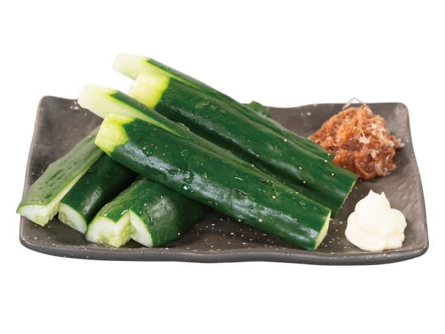 Cucumber with Plum, Bonito Flakes, and Mayo