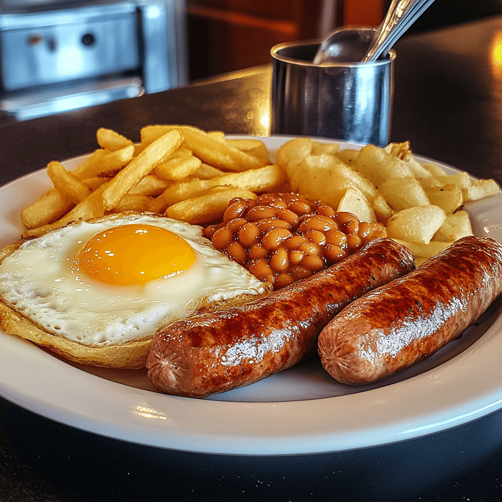 Englische Bratwurst, Ei, Pommes & Bohnen