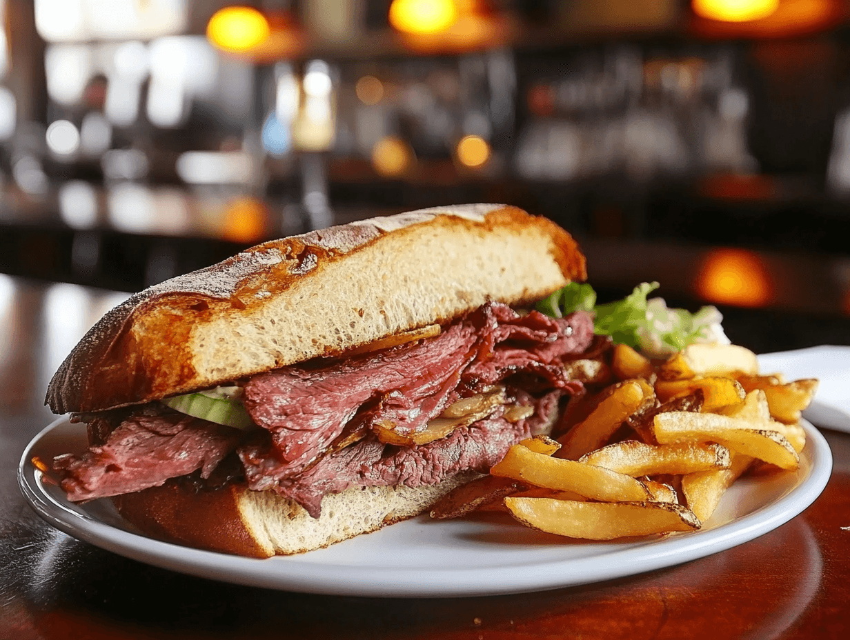 Roastbeef-Sandwich, Pommes & Salat