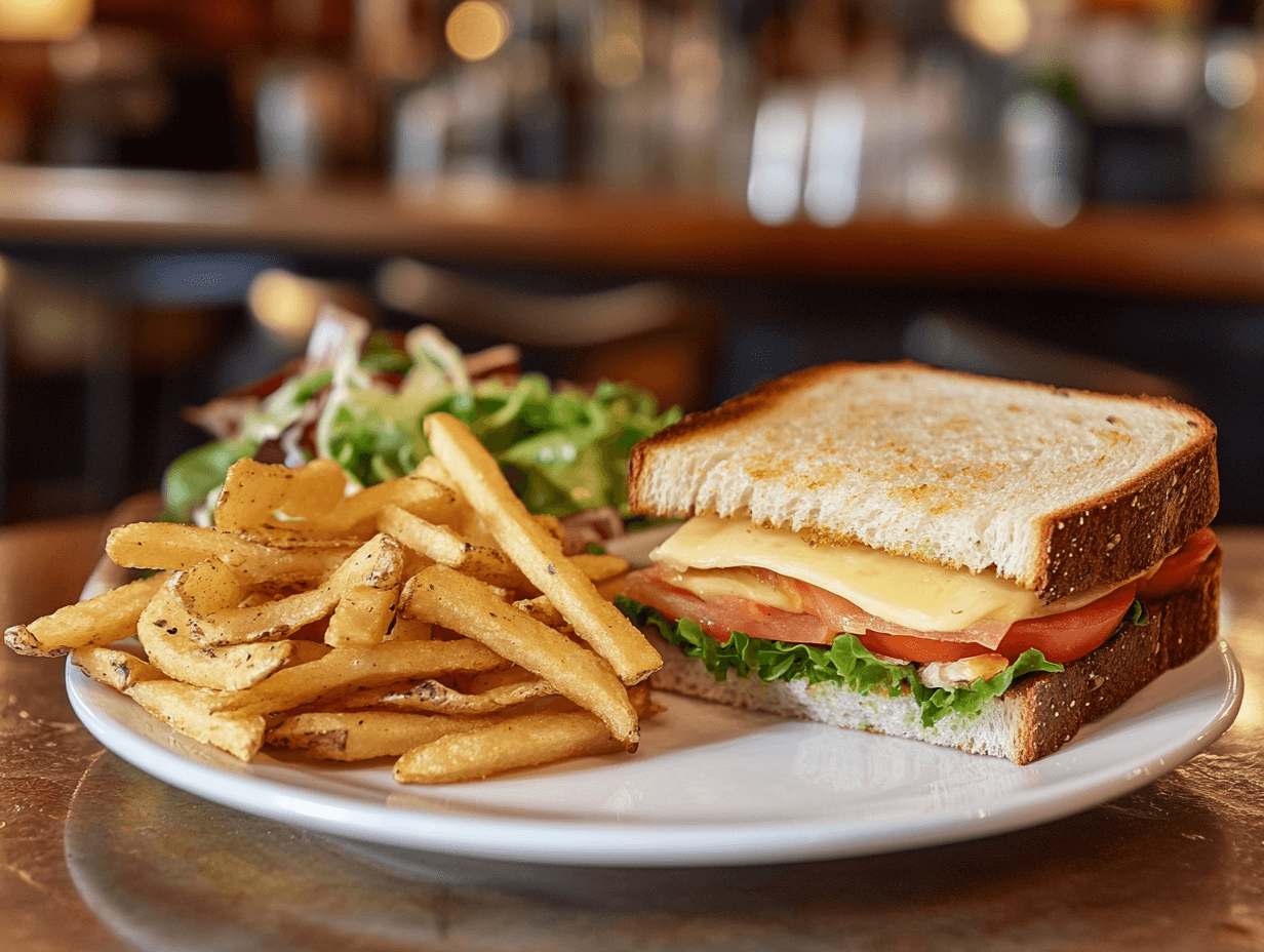Käse-Tomaten-Sandwich, Pommes & Salat
